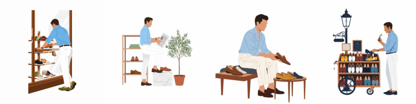 Flat vector illustrations of a stylish man shopping for men's shoes, browsing in a store, and choosing loafers at an outdoor market stall.