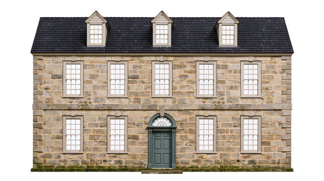 Historic stone house with dormer windows and green door
