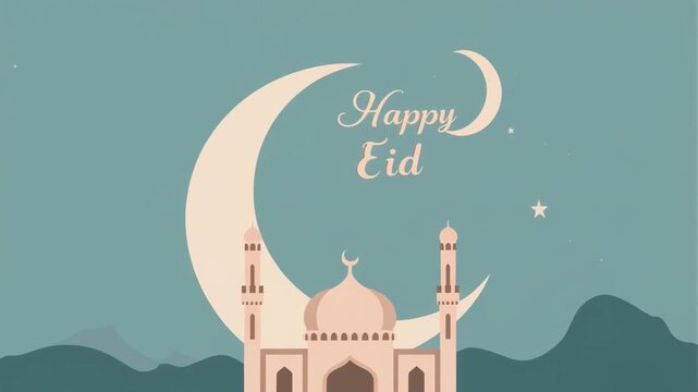 Happy Eid al-Fitr celebration vector illustration. White mosque with crescent moon and greeting text. Four identical frames for seamless loop. Festive Islamic holiday background.