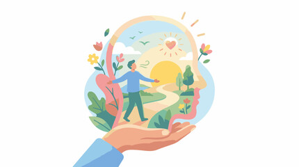 Fototapeta premium A person cradles a whimsical scene with a man flowers and a sunny landscape