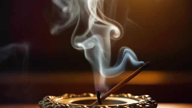 Cinematic macro view of a burning incense stick releasing thick white smoke wisps curling fluidly against a dark warm background for wellness zen meditation relaxation.