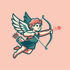 Fototapeta premium A cute cupid character aims a heart arrow with his bow