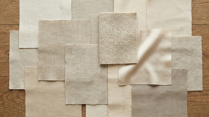 Fototapeta premium Soft fabric swatches in neutral tones arranged on wooden surface, showcasing texture and variety