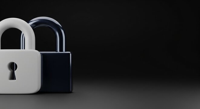 Digital security concept with two padlocks, a white and a black lock, symbolizing data protection and online safety. Cybersecurity illustration for privacy and access control.