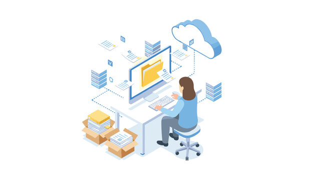 Business professional working on data management tasks with a computer and cloud server integration in a modern isometric style.