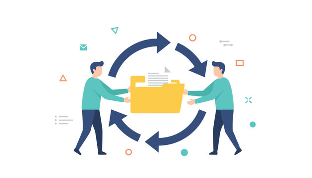 Document management and file sharing process depicted by two people holding a yellow folder within a circular arrow loop for efficient tasks.