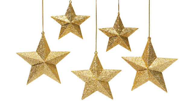 Five glittery gold star ornaments hanging