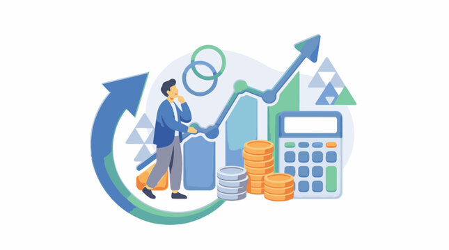 A man in a blue suit looks at graphs and a calculator with coins and a bag