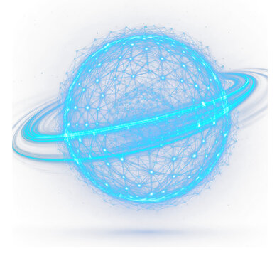 Digital planet sphere with glowing data network rings connection technology