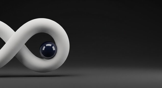 Abstract infinity loop, a continuous white 3D rendered mobius strip with a dark reflective sphere. Modern minimalist design, endless cycle concept, and perpetual motion visual.