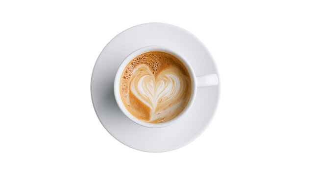 White cup of coffee with latte art heart shape on saucer