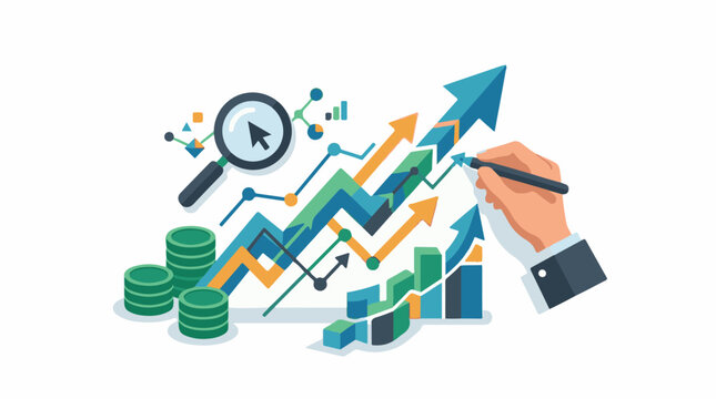 A hand holding a pen pointing to upward trending colorful graphs and coins