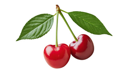 Obraz premium Two ripe red cherries with green leaves and stems