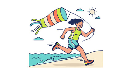 Fototapeta premium Young woman running on the beach with a colorful windsock