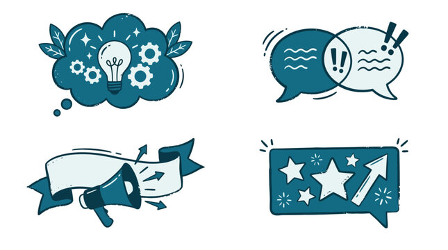 Set of blue hand drawn business communication icons and symbols