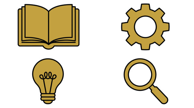 A set of gold icons representing knowledge and technical work