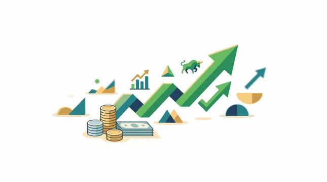 A colorful illustration of a rising green arrow with coins bills and graphs