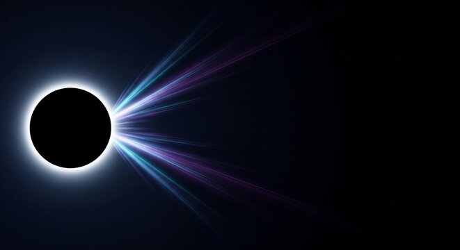 Solar eclipse with vibrant blue and purple light rays, a celestial phenomenon, dramatic cosmic event, abstract space background for science and technology.