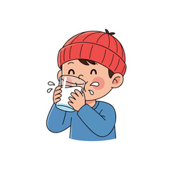 A cheerful cartoon boy in a red beanie and blue sweater enthusiastically drinks a fresh glass of milk, with white splashes around his face.