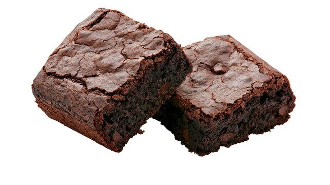 Two rich dark chocolate brownies with cracked tops and chocolate chips