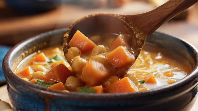 Hearty vegetable stew served in a rustic bowl with wooden spoon stirring hot meal