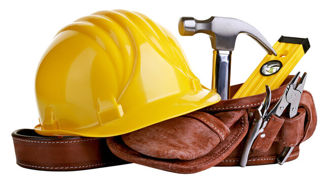 Yellow hard hat with tool belt hammer pliers, and level