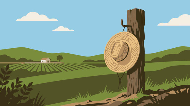 Worn Straw Hat Hanging On Wooden Fence Post Outdoors.