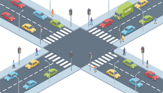 Isometric view of a busy city street intersection with cars waiting at traffic lights and pedestrians crossing the crosswalks during the day.