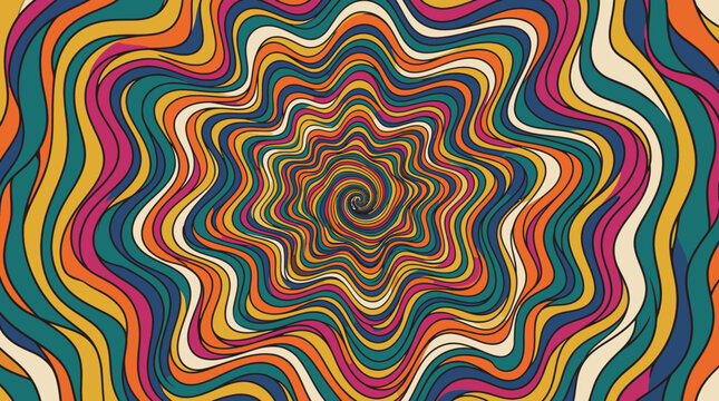 Colorful psychedelic concentric wavy abstract spiral pattern.