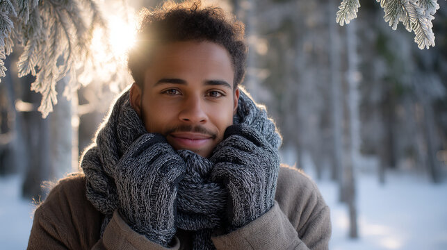 A young man smiles in a snowy winter forest. A guy walks outside in a park. Portrait of a man in the fresh air in winter. An active lifestyle in winter during vacation or holidays.