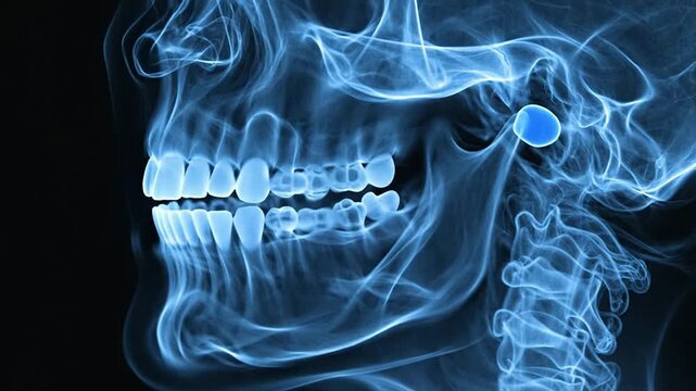 4K X-Ray Image of Human Jaw in Chewing Motion Highlighting Temporomandibular Joint (TMJ) Dynamics and Dental Structure in Blue Hue Against Dark Background