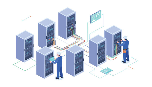 Data center technicians monitoring network server racks and performing maintenance tasks in a modern professional digital technology environment.
