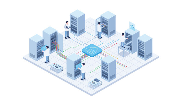 Technicians working in a data center managing server racks and cloud computing infrastructure with interconnected network cables and devices.