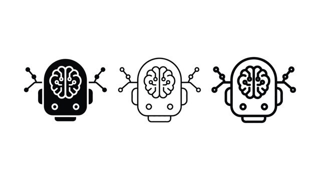Three robot heads with brain and antenna solid icon brainstorm cognition dream innovation concept for app ui web design