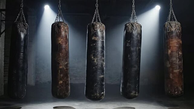 A Row of Several Swaying Heavy Punching Bags in an Industrial Setting With Dramatic Lighting for Boxing and Fitness Training Visuals