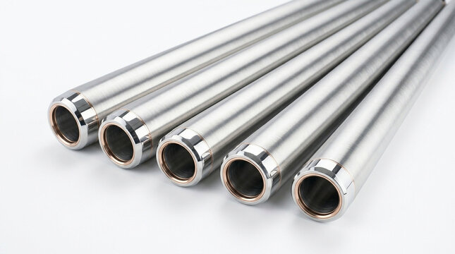 Group of high-quality polished stainless steel tubes arranged on a pristine white background, showcasing their precision engineering and modern industrial applications
