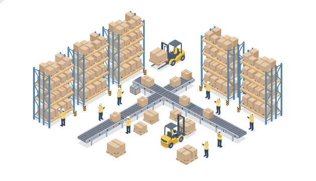 Warehouse storage and distribution center featuring inventory shelves, conveyor belt lines, forklifts, and boxes for shipping logistics.