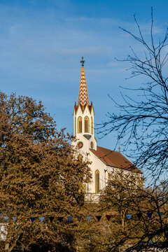 Historic Church Steeple with Colorful Spire in Binzwangen, Baden-W&uuml;rttemberg