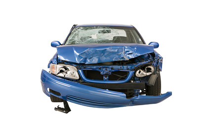 Blue car with severe front end collision damage © Elvin