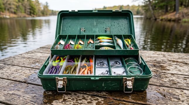 Open tackle box filled with assorted fishing lures hooks and lines sitting on wooden dock by calm lake, ready for freshwater fishing trip in nature