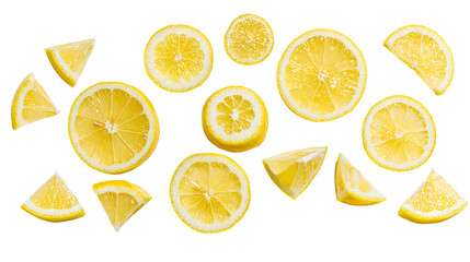 Fresh yellow lemon slices and wedges scattered