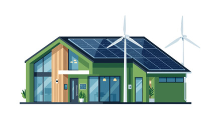 Obraz premium Green Eco House with Solar Panels and Wind Turbines - Sustainable Living