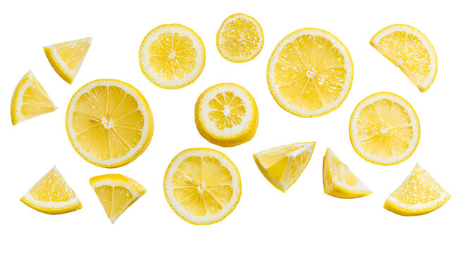 Fresh yellow lemon slices and wedges scattered