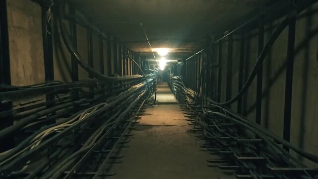 abandoned industrial tunnel with high voltage cables, dark atmosphere