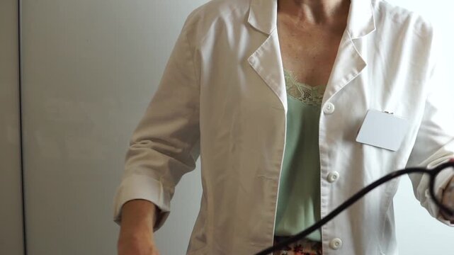 Midsection video of a woman physician putting a black stethoscope around her neck over her white laboratory coat in a modern clinic or hospital environment.