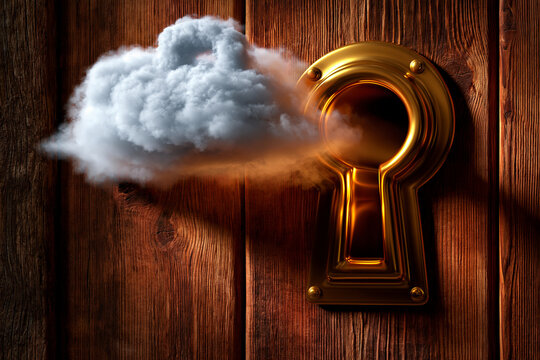 Gros plan surr&eacute;aliste d'une serrure dor&eacute;e sur une porte en bois rustique, d'o&ugrave; s'&eacute;chappe un nuage. Une m&eacute;taphore visuelle et po&eacute;tique du concept de la s&eacute;curit&eacute; en informatique