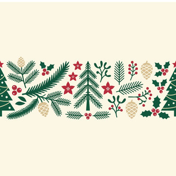 Festive evergreen border pattern with pinecones and berries