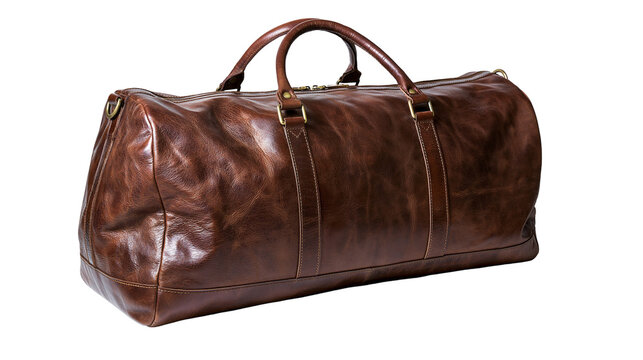 Brown leather duffel bag with brass hardware and handles