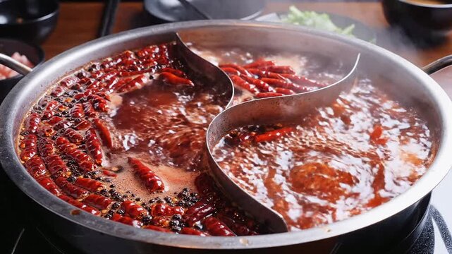 Bubbling Sichuan Hot Pot With Deep Red Broth And Chili Peppers, Ideal For Culinary Use And Dining Experience