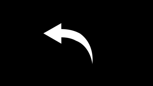 Animated white curved left arrow on black background, for user interface, navigation and web